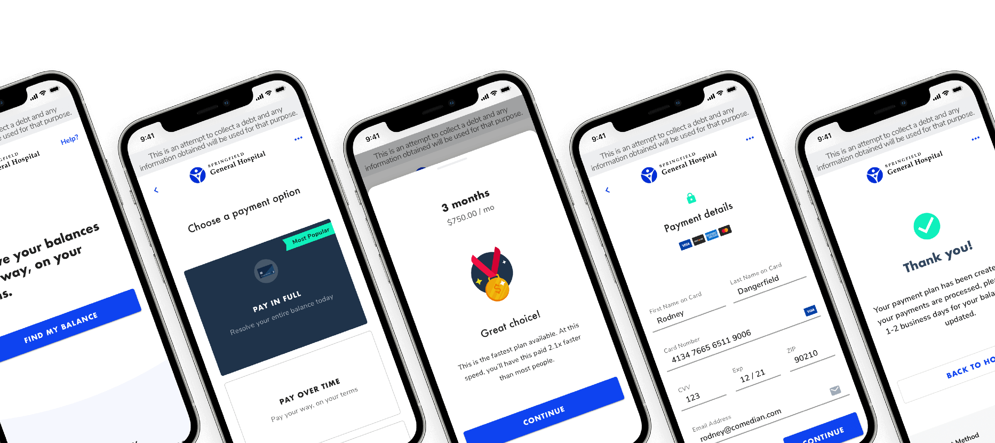 Three phones showing the Dash customer payment experience: a payment reminder text, the self-service payment portal, and a payment plan confirmation.